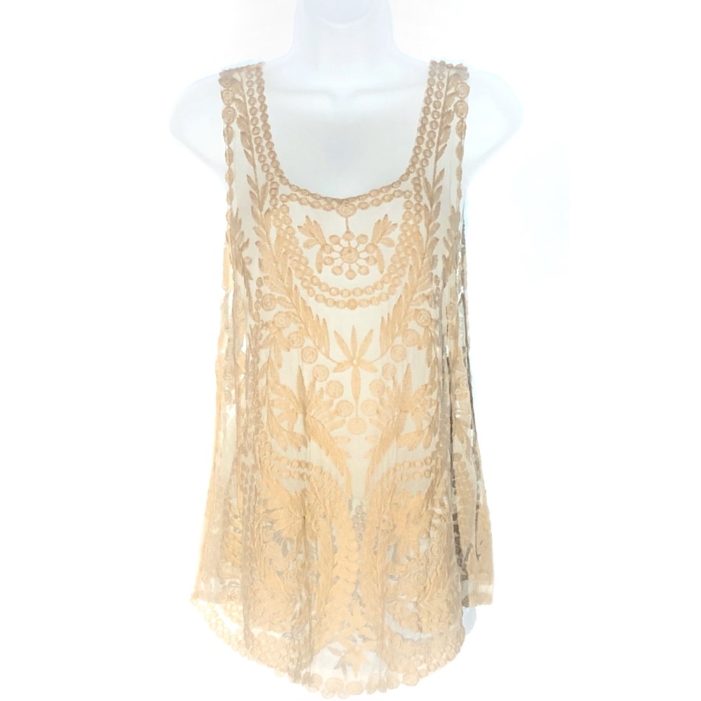 PRETTY! Pink Melo Cream Sheer Boho Lace Mesh Romance top Size L Festival Fashion